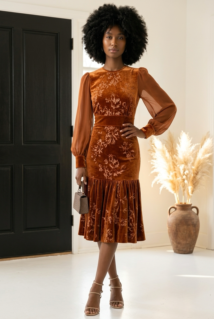 Velvet Floral Lantern Sleeve Midi Dress – Uylee's Boutique