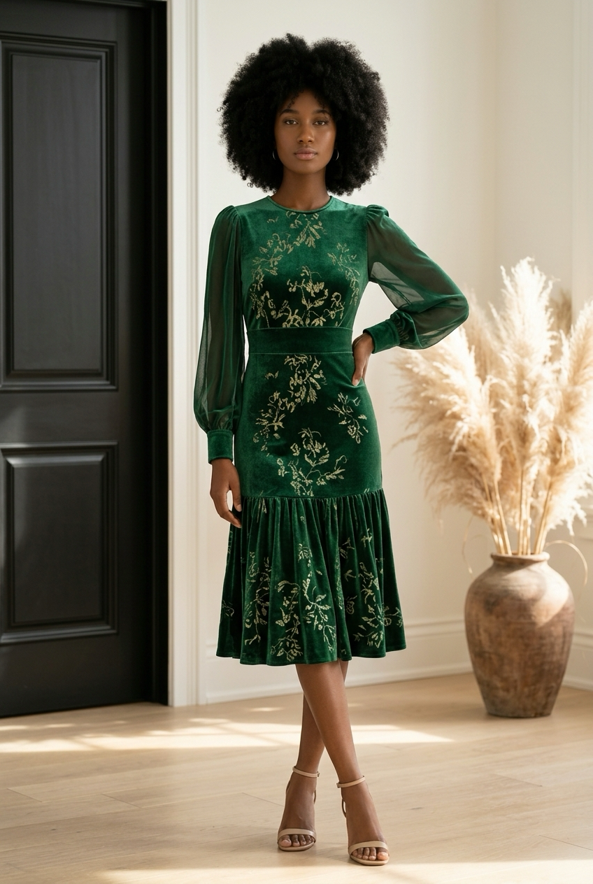 Velvet Floral Lantern Sleeve Midi Dress