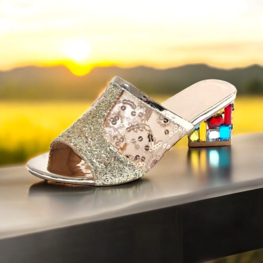 Open Toe Block Heels Sandals, Gold or White