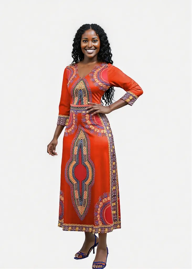 Elegant African Print Maxi Dress – Sizes S to 3XL (Orange)