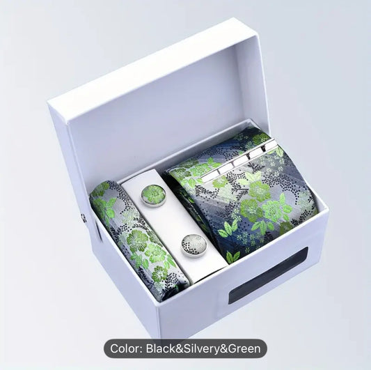 Men’s Silk Coordinated Tie Set - Silver with Lime Green Florals
