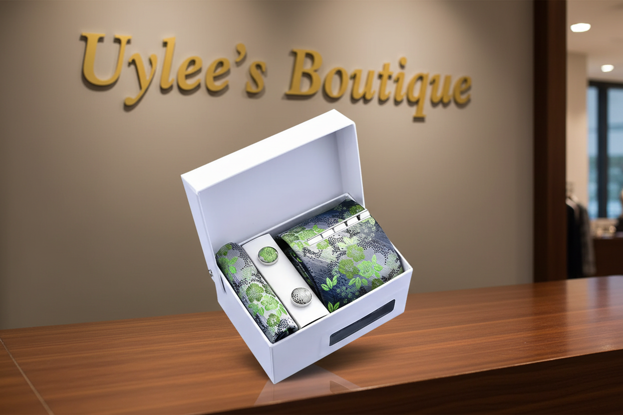 Men’s Silk Coordinated Tie Set - Silver with Lime Green Florals