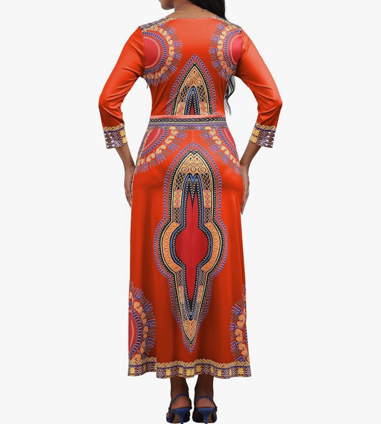 Elegant African Print Maxi Dress – Sizes S to 3XL (Orange)