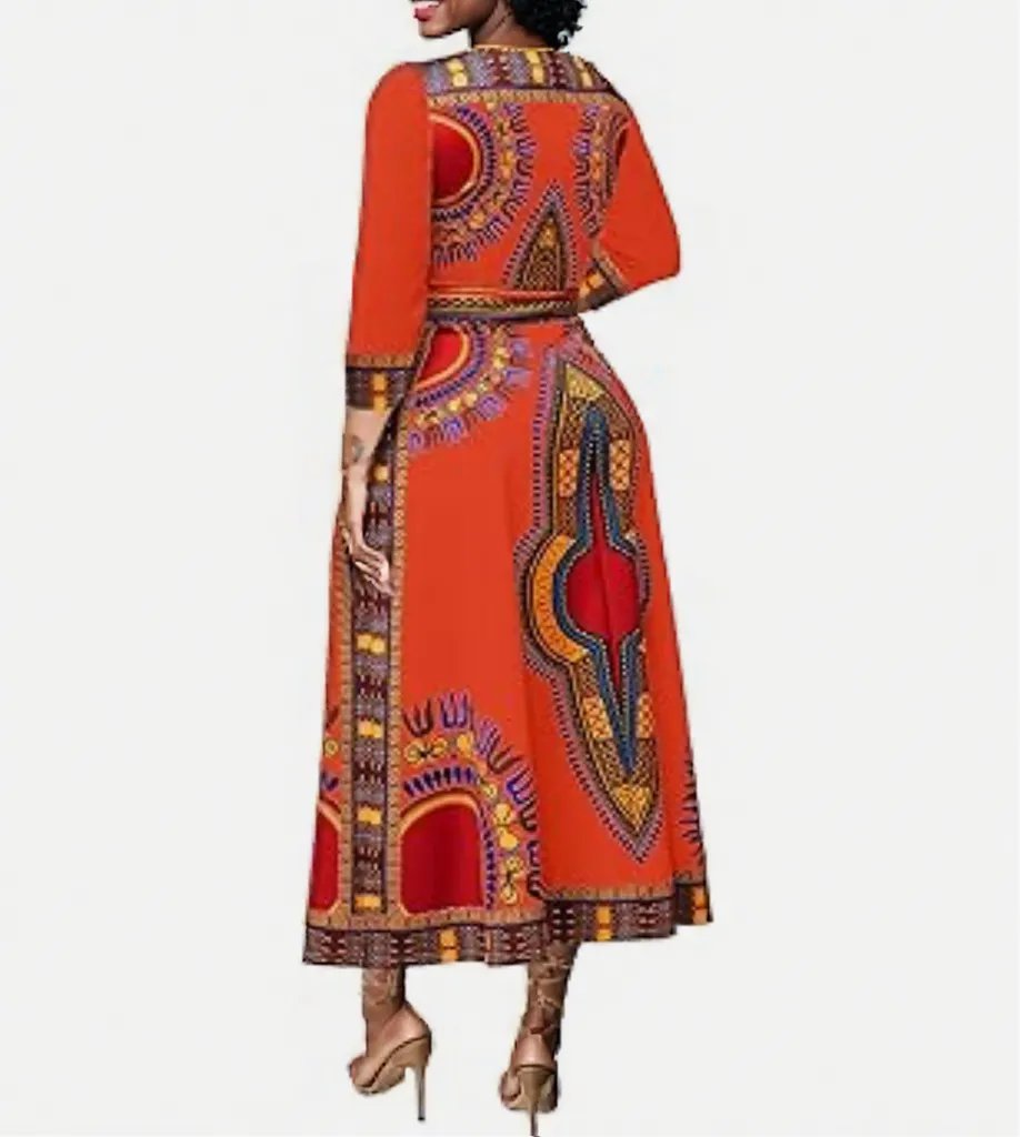 Elegant African Print Maxi Dress – Sizes S to 3XL (Orange)
