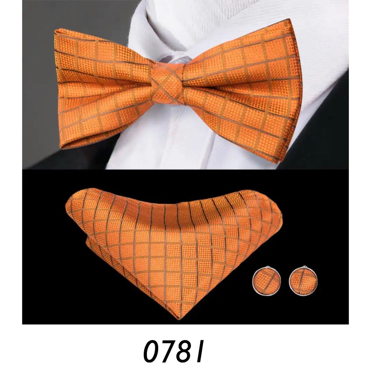 Men’s Silk Coordinated Black Bow Tie Set - Orange Plaid 0781