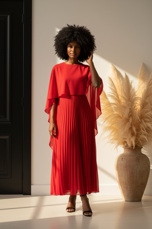 Cape Pleated Maxi Dress