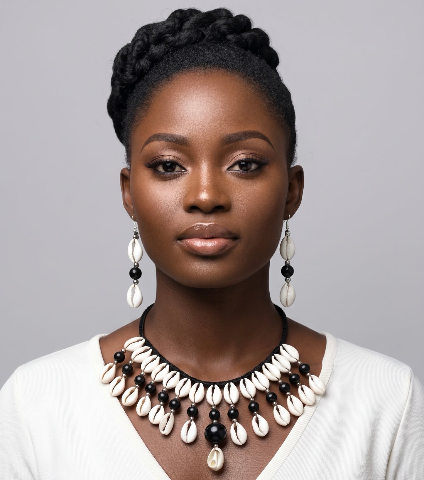 Cowrie Shell Necklace/ Earring Set (black & white)