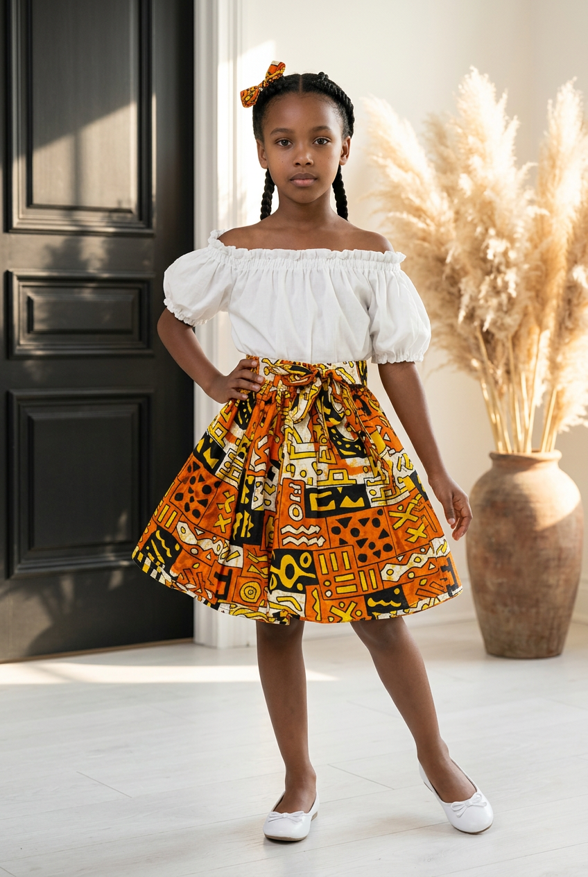 Little Girls Skirt & Head Bow Set-Kids Pumpkin K05 (Child Size 5-8)