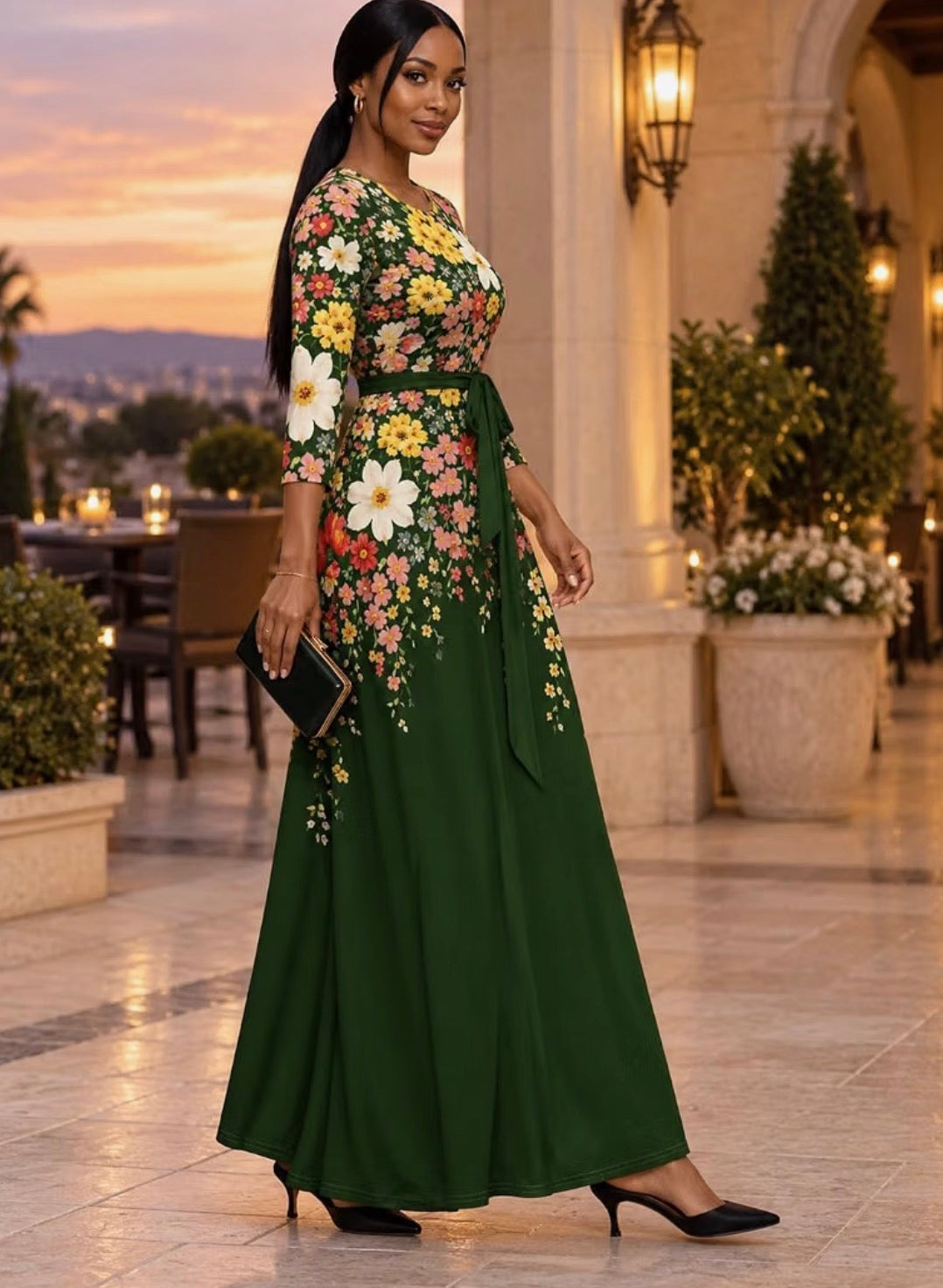 Women's 3/4 Sleeve Plus Size Maxi Dress A-line with Pockets, Size Large
