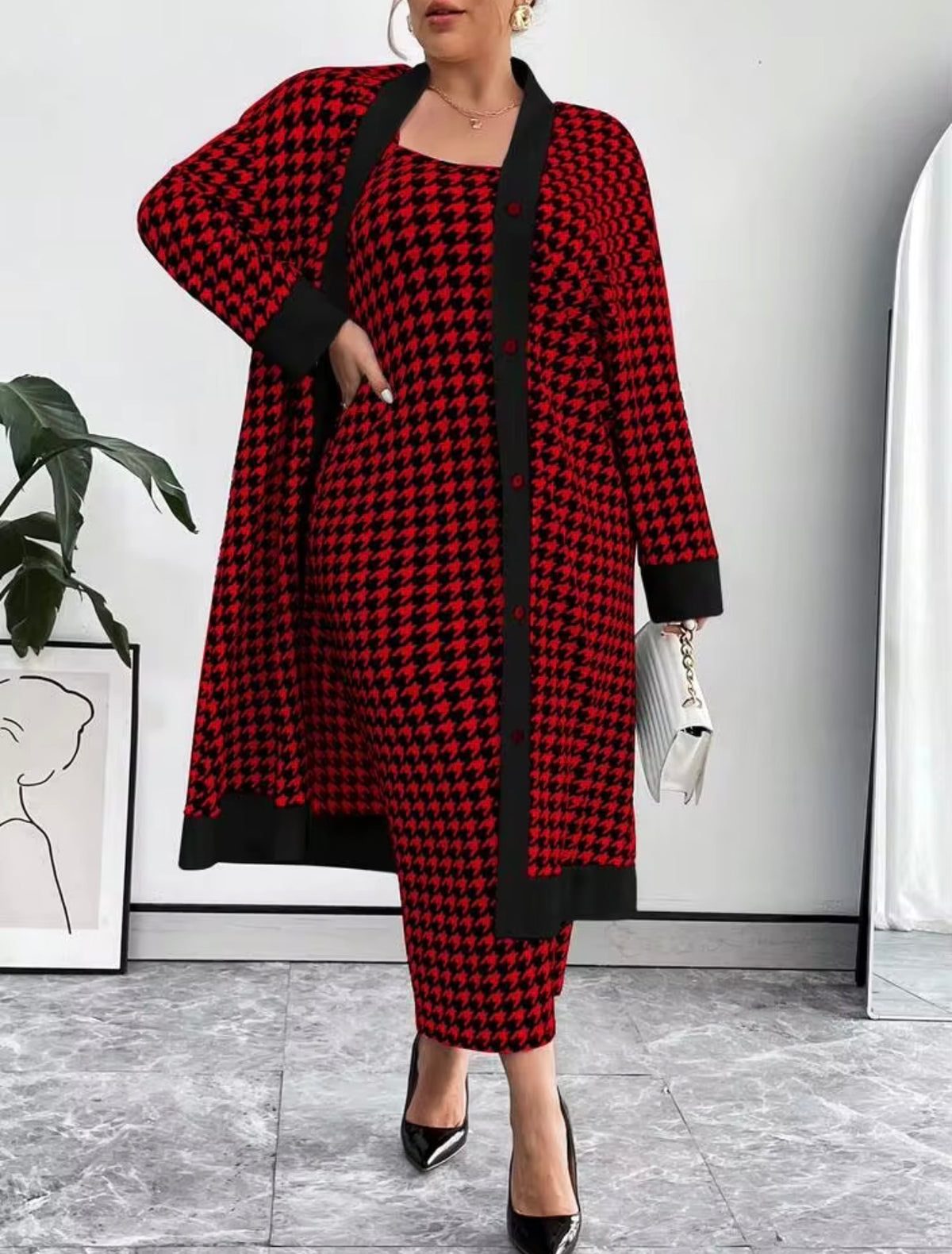 Classic Houndstooth Knit Cardigan & Dress Set - Black/Red, 3X (US 18)