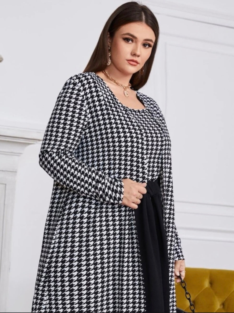 Classic Houndstooth Knit Cardigan & Dress Set - Black/White, Large (US 10)