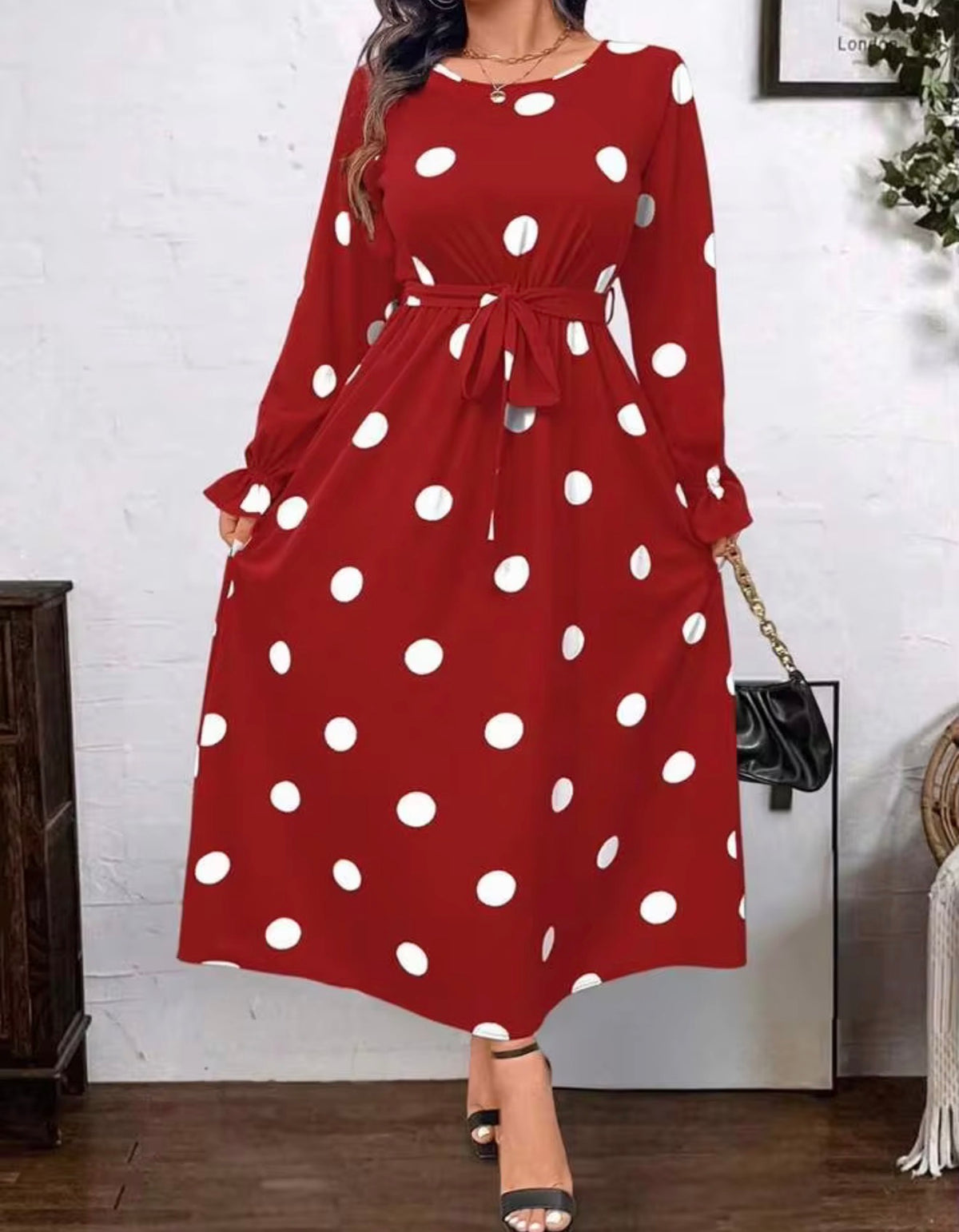 Polka Dot Tie-Waist Long Sleeve Maxi Dress - Red, Size 2X (US 16)