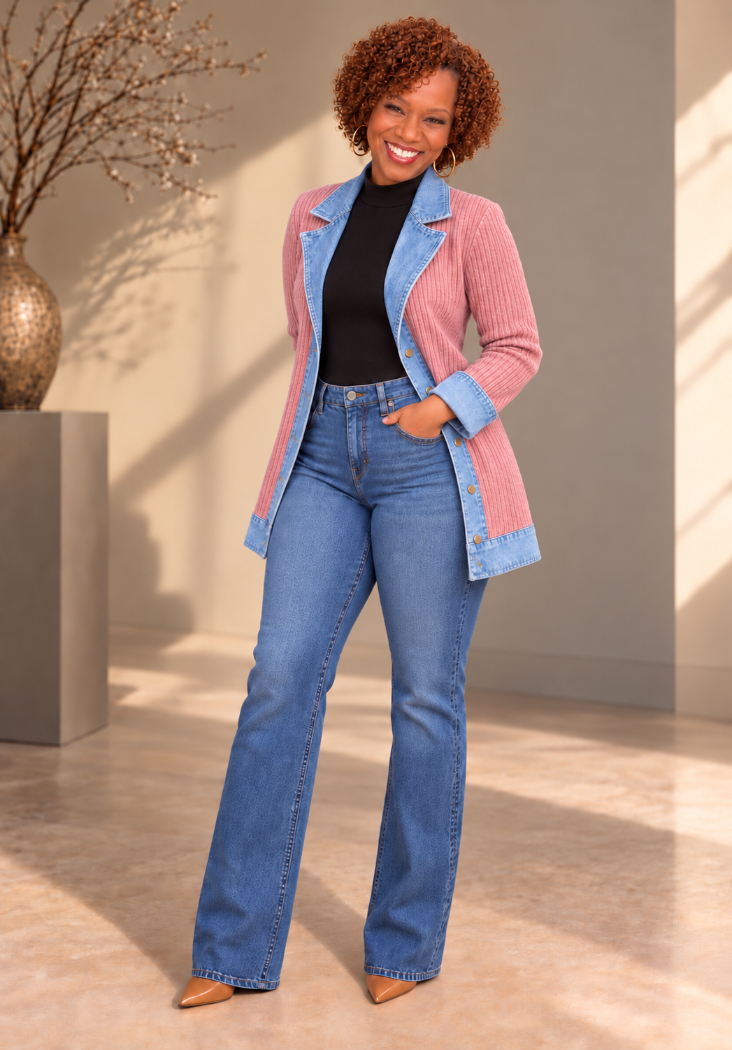 Full Size Denim Trim Ribbed Knit Cardigan Plus Size