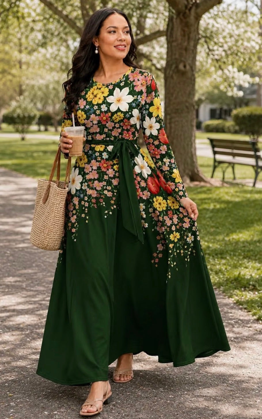 Women's 3/4 Sleeve Plus Size Maxi Dress A-line with Pockets, Size Large