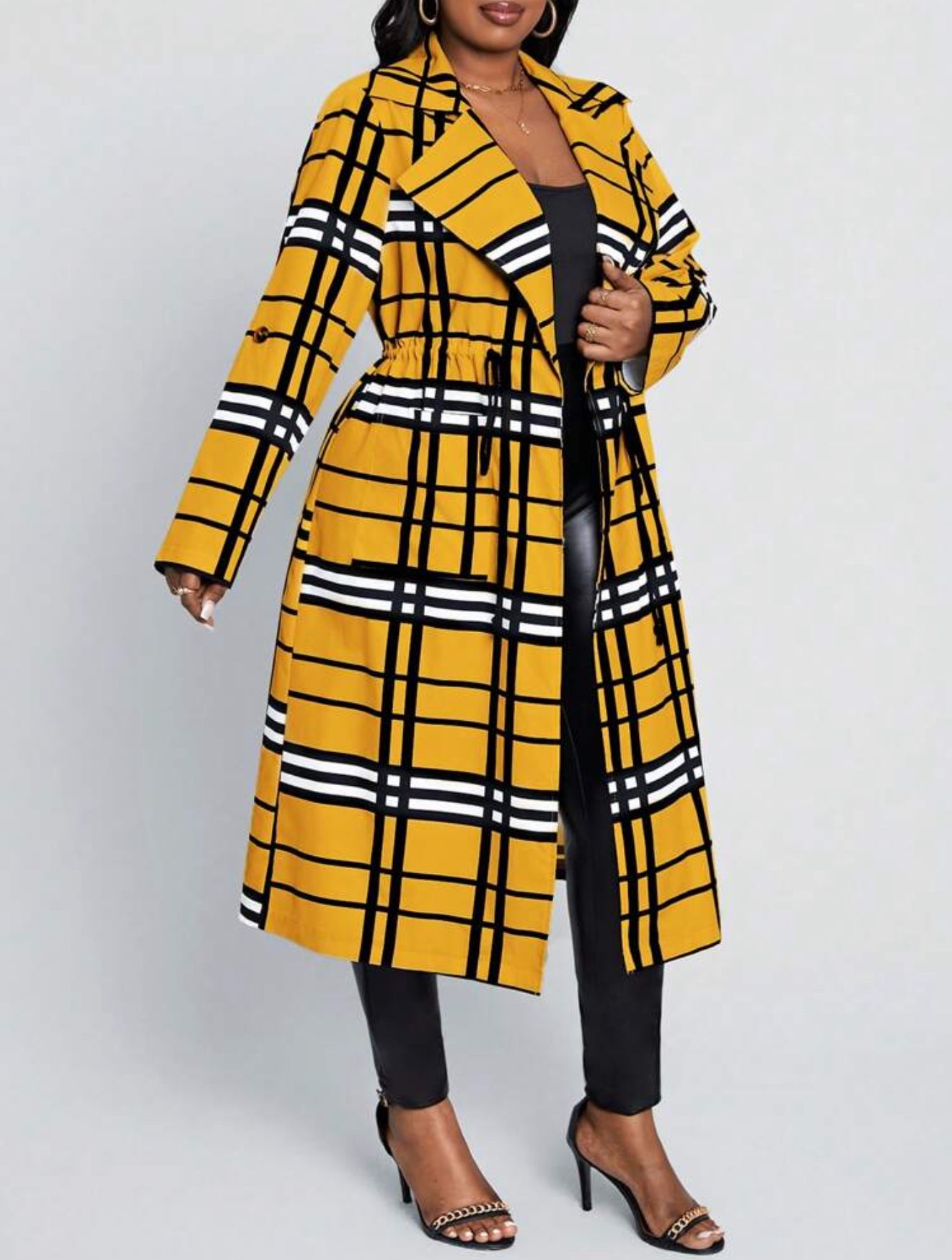 Mustard Plaid Print Long Length Cardigan, Plus Size 12 - 20