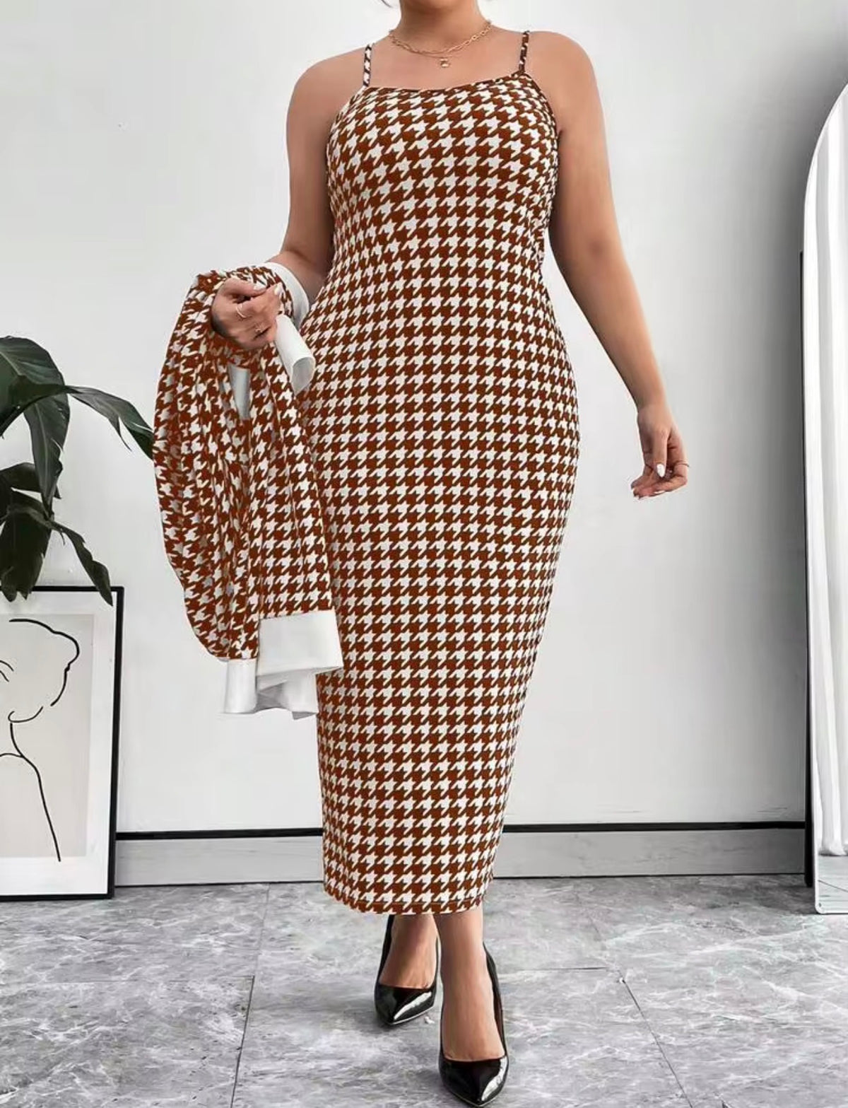 Classic Houndstooth Knit Cardigan & Dress Set - Brown/White, 3X (US 18)