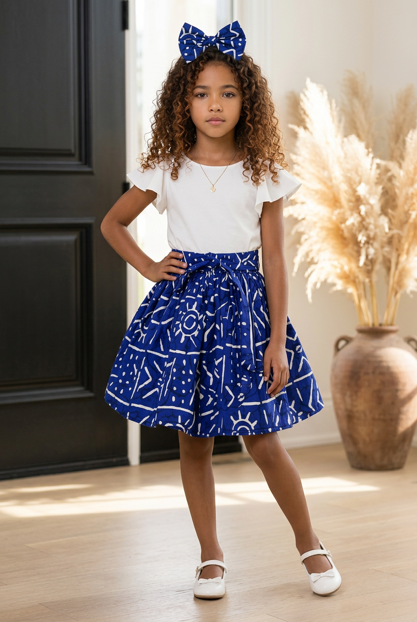 Little Girls Skirt & Head Bow Set-Kids Blue Tribal K05 (Child Size 5-8)