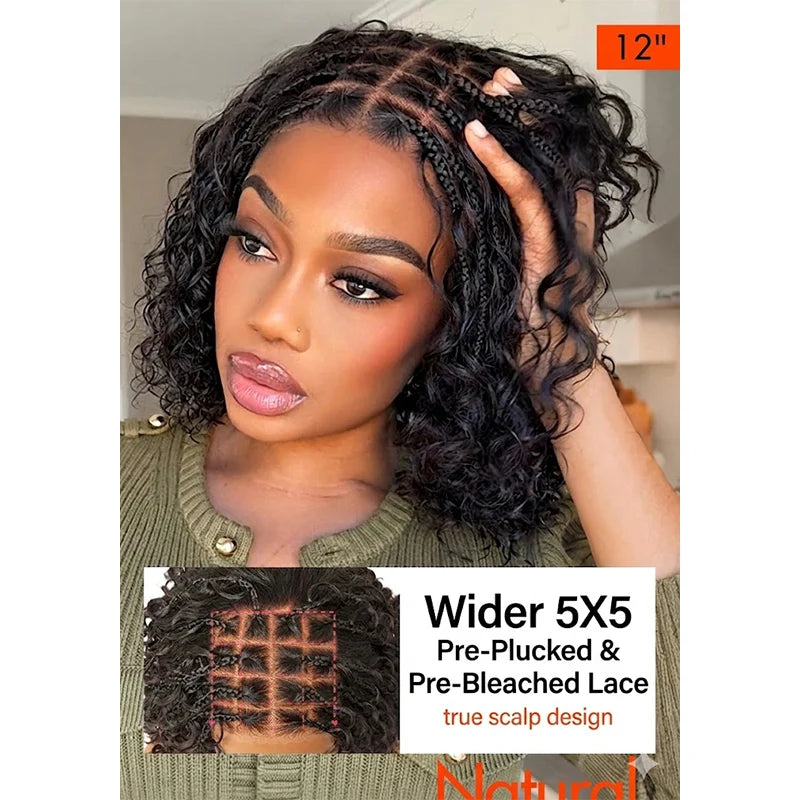 150% Density 5x5 Closure Lace with Boho Braids Pre-Cut Glueless Top Human Hair Wig Curly, 10 inches