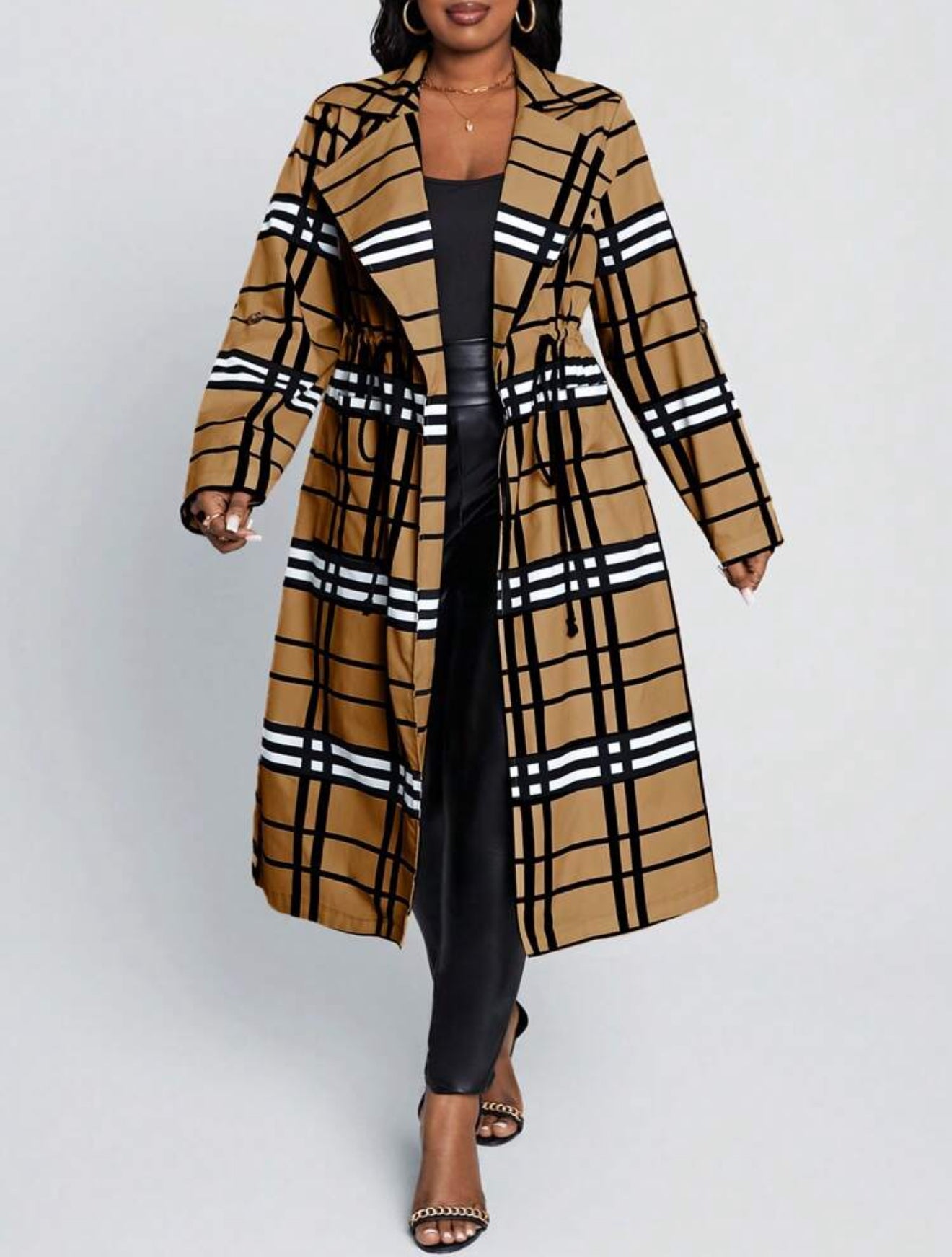 Beige Plaid Print Long Length Cardigan, Plus Size 12 - 20