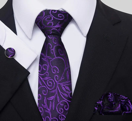 Men’s Silk Coordinated Tie Set - Deep Purple Paisley