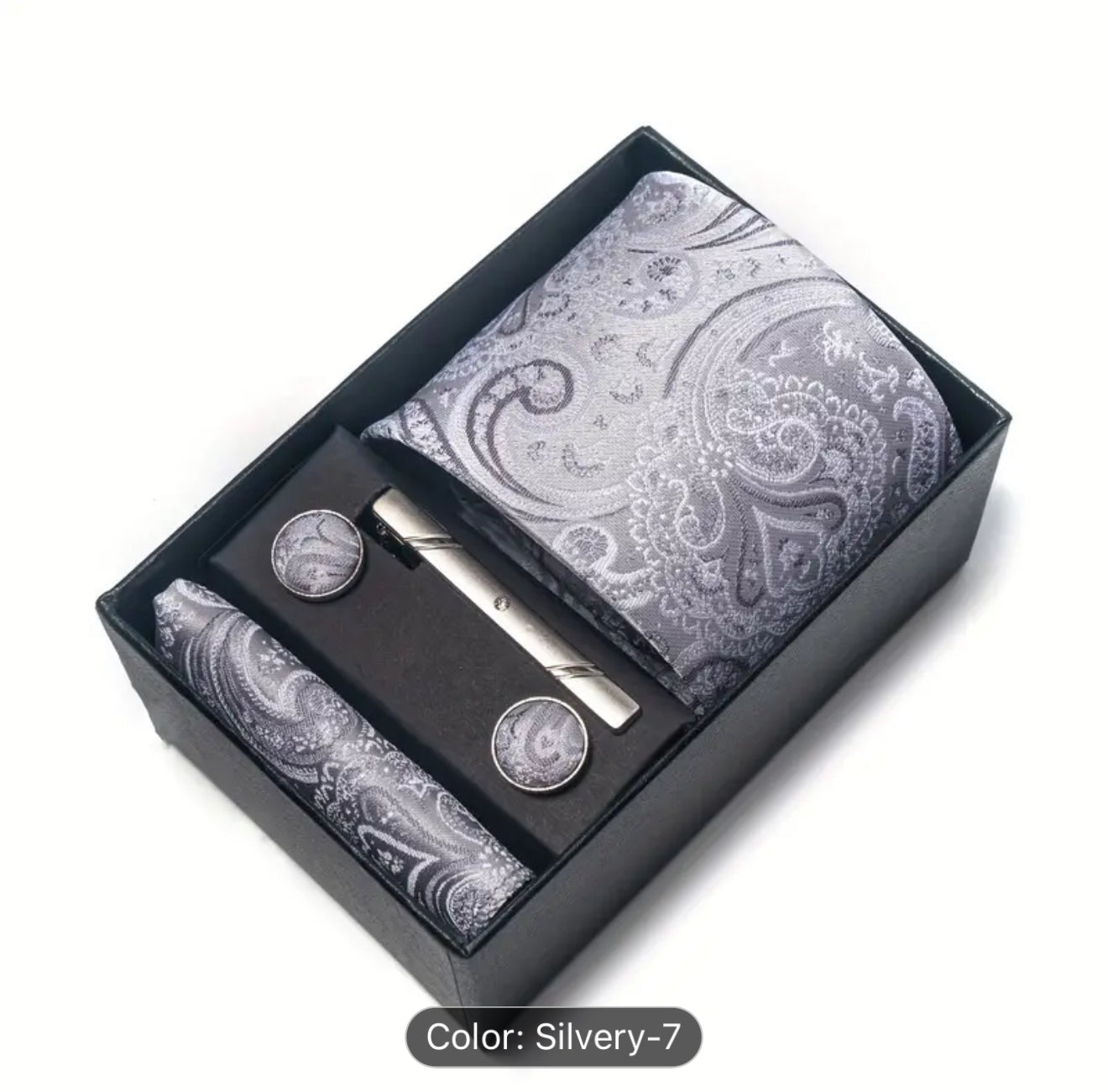 Men’s Silk Coordinated Tie Set w/Box - Silver Paisley (7)