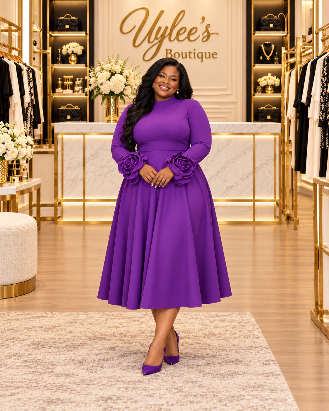 Full Size Floral Cuff Detail Long-Sleeve Midi Dress Plus Size