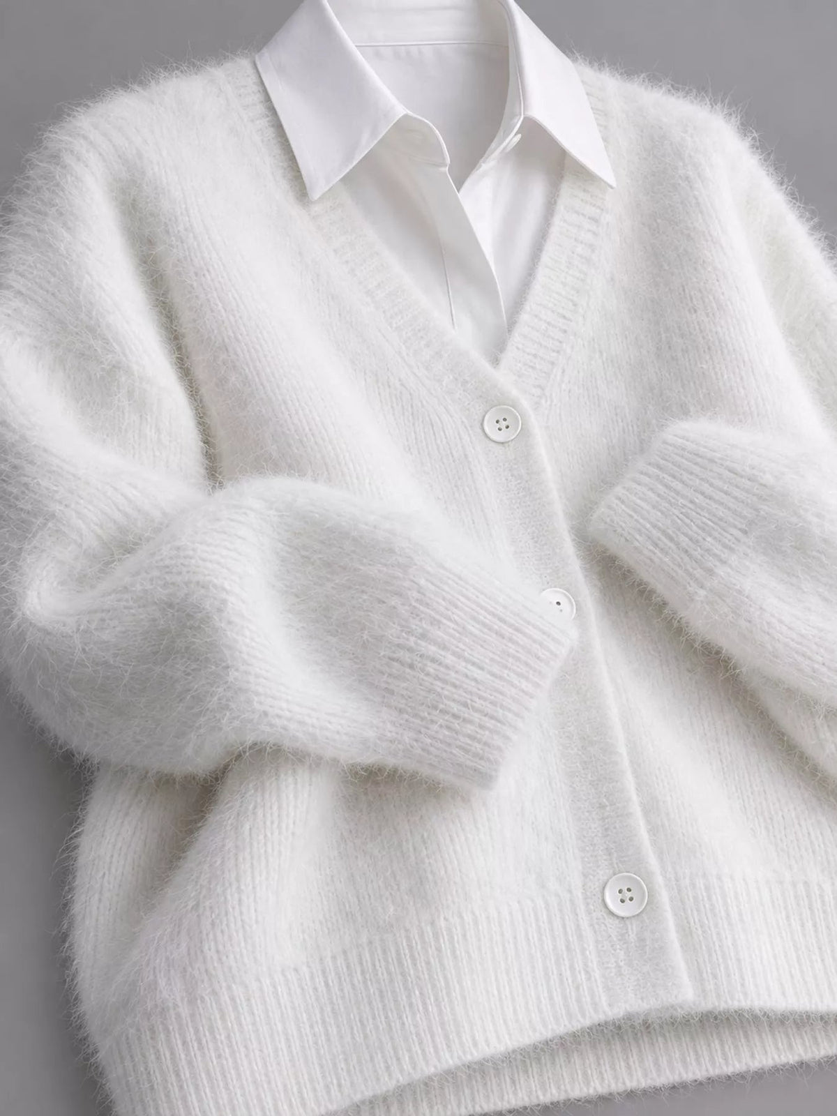 Fuzzy V-Neck Button-Down Cardigan