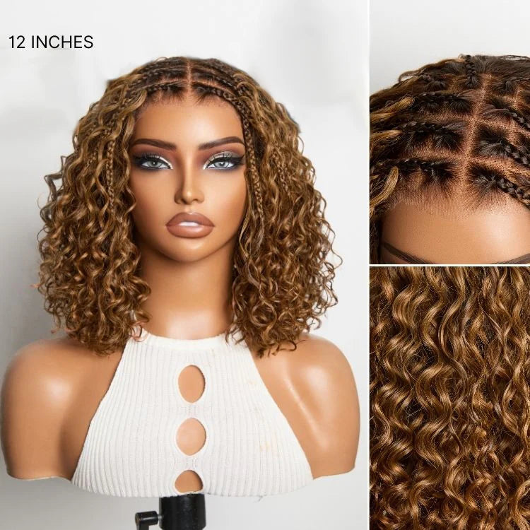150% Density 5x5 Closure Lace with Boho Braids Pre-Cut Glueless Lace Wig Ombre Brown Highlight Curly, 12 inches