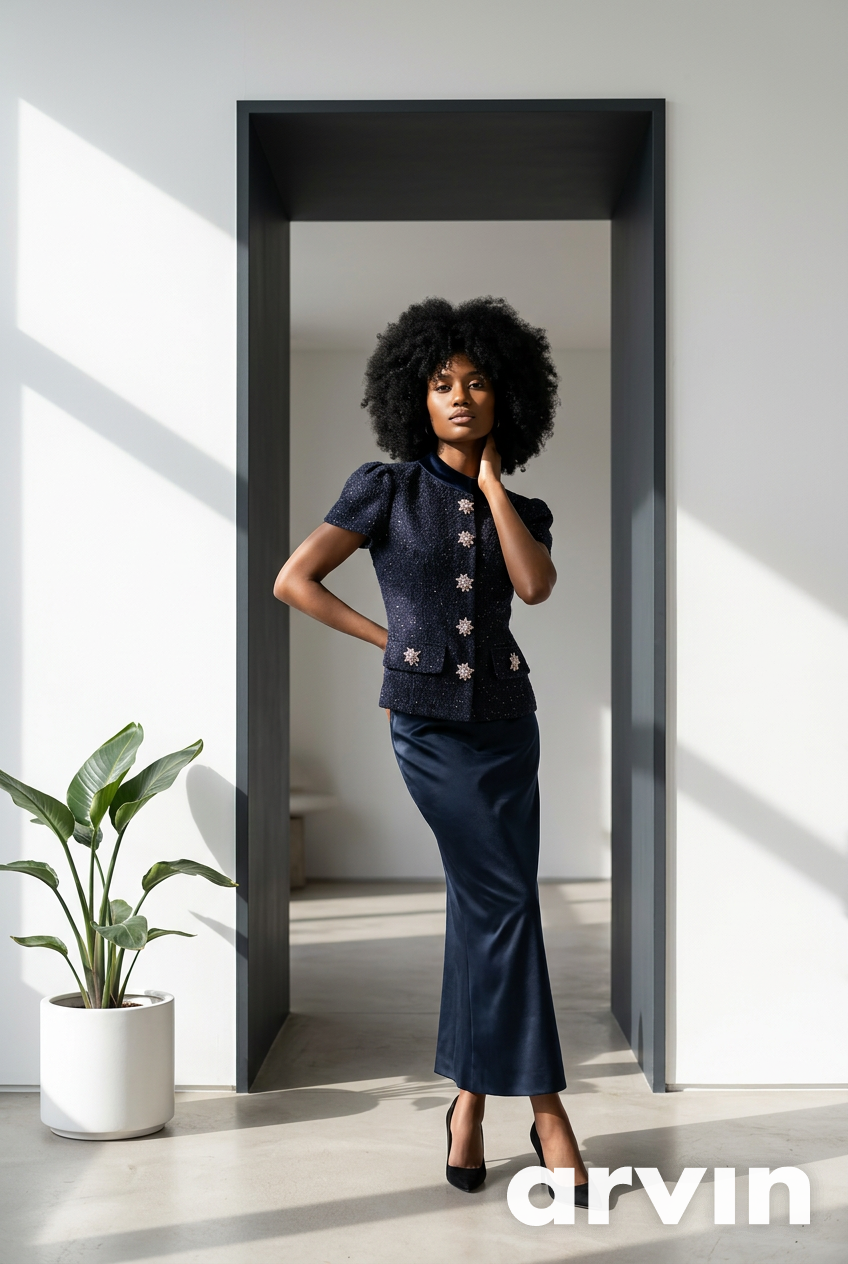 Tweed Jacket and Satin Skirt Set