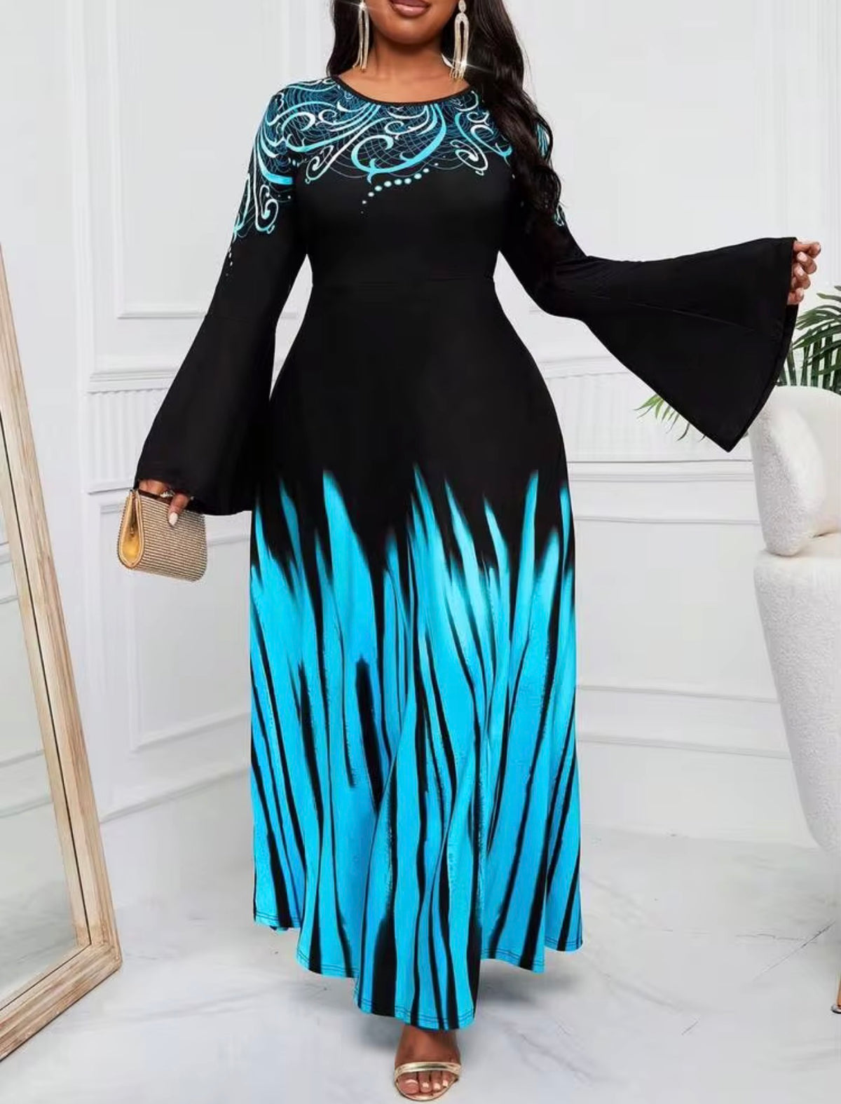 SHEIN Black & Blue Swirl-Accent Bell Sleeve Maxi Dress
