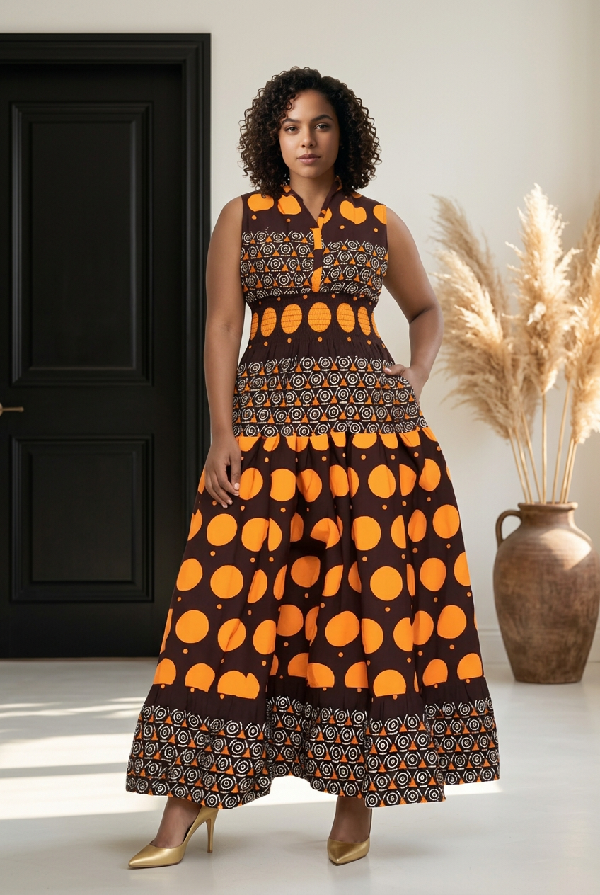 Long Smocked Dress With Scarf (5005-677)