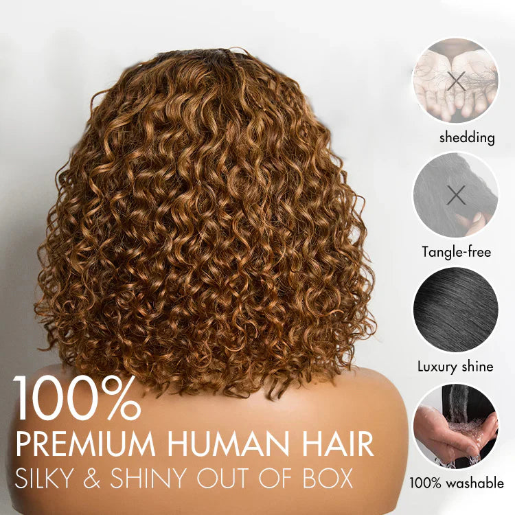 150% Density 5x5 Closure Lace with Boho Braids Pre-Cut Glueless Lace Wig Ombre Brown Highlight Curly, 12 inches