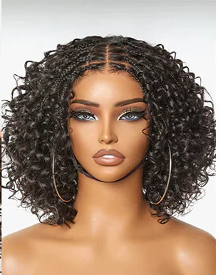 150% Density 5x5 Closure Lace with Boho Braids Pre-Cut Glueless Top Human Hair Wig Curly, 10 inches