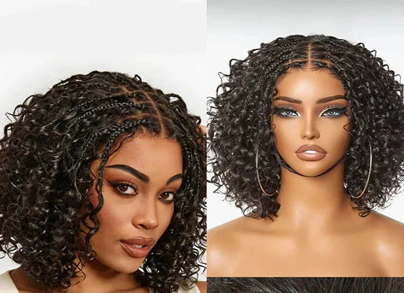 150% Density 5x5 Closure Lace with Boho Braids Pre-Cut Glueless Top Human Hair Wig Curly, 10 inches