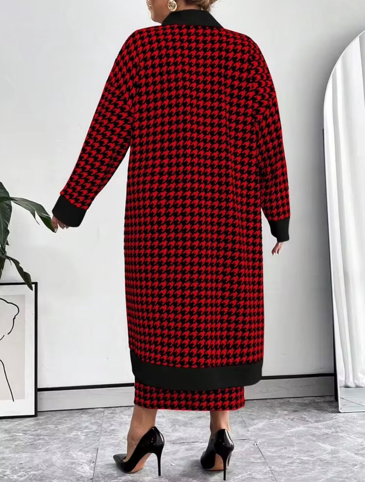 Classic Houndstooth Knit Cardigan & Dress Set - Black/Red, 3X (US 18)