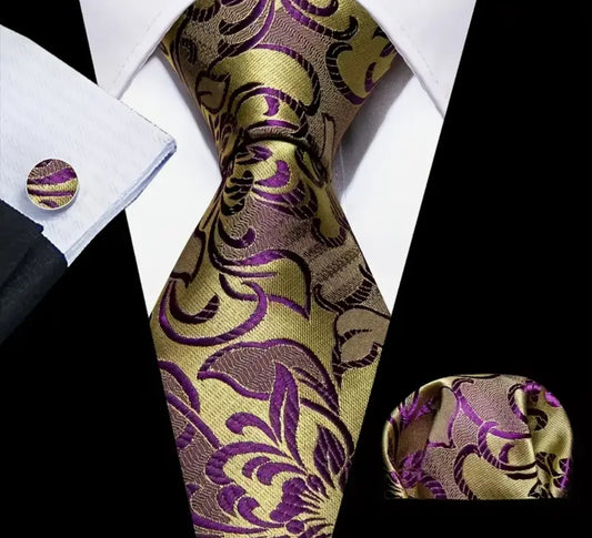 Men’s Silk Coordinated Tie Set - Lime Green (Chartreuse) with Violet Floral