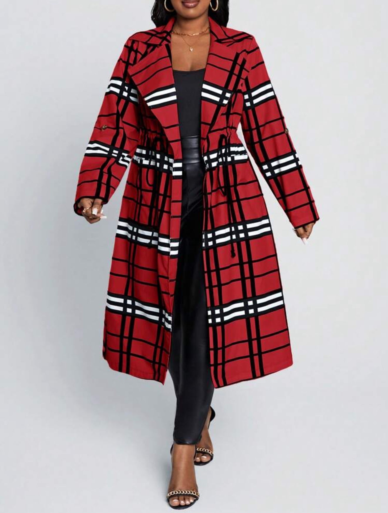 Red Plaid Print Long Length Cardigan, Plus Size 12 - 20