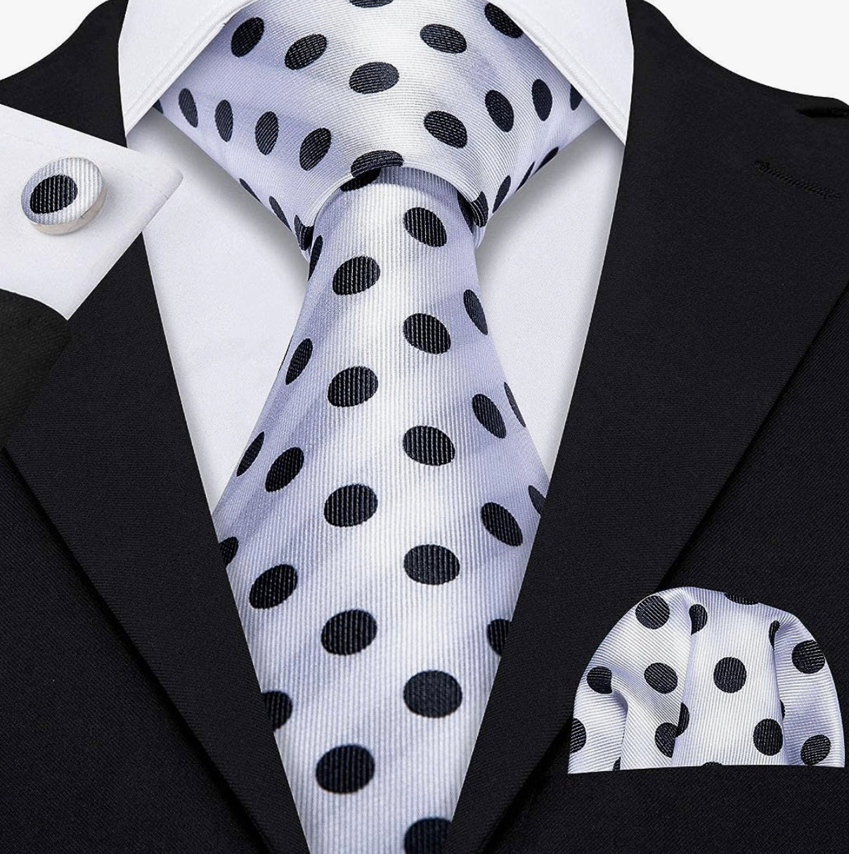 Men’s Silk Coordinated Tie Set - White with Black Polka Dots