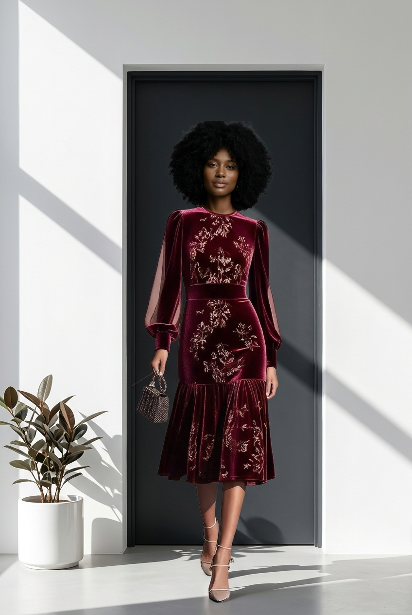 Velvet Floral Lantern Sleeve Midi Dress