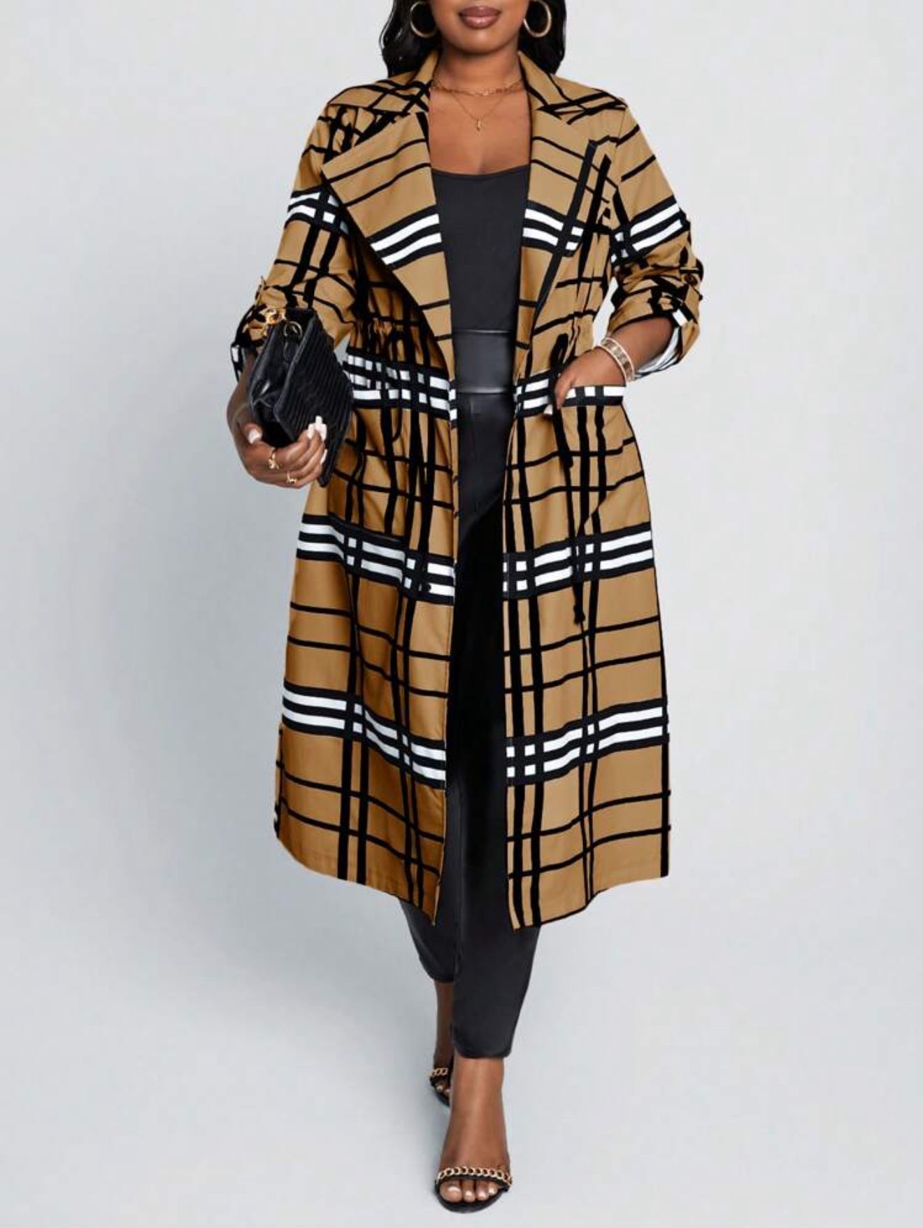 Beige Plaid Print Long Length Cardigan, Plus Size 12 - 20