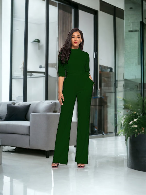 Mock Neck Tie-Waist Half Sleeve Jumpsuit