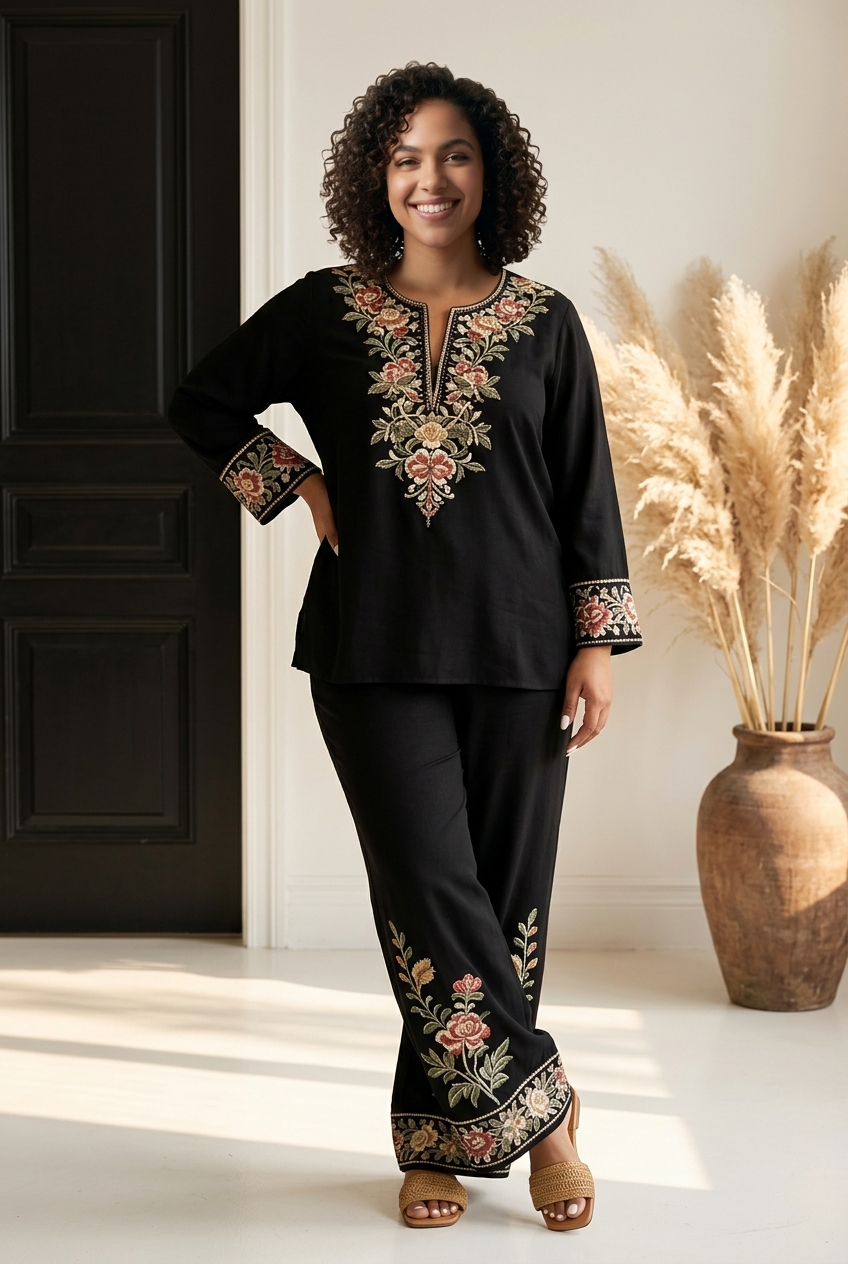 Full Size Embroidered Long Sleeve Top and Pants Set Plus Size