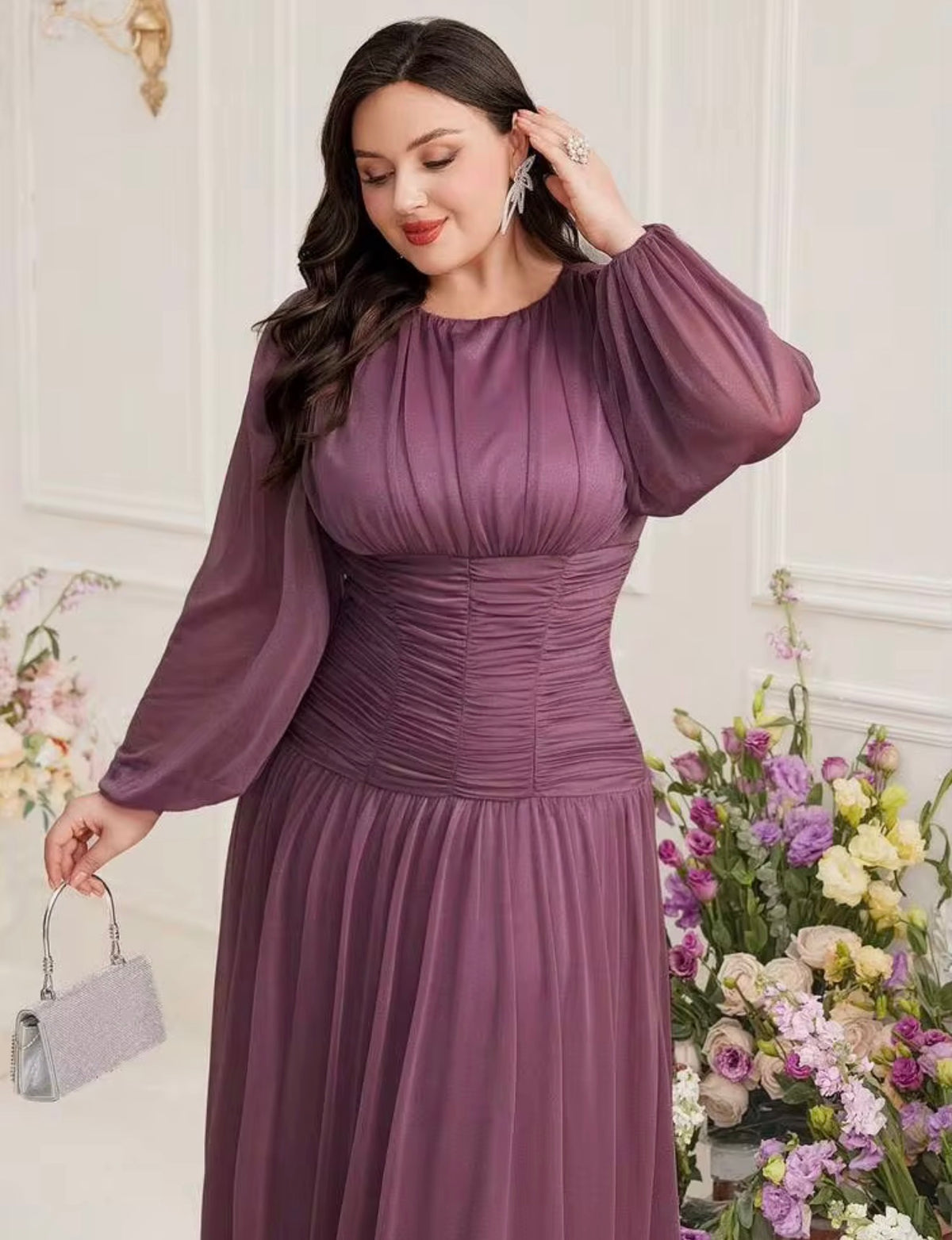 Mauve Purple Long-Sleeve Chiffon Midi Dress, 2X (US 16)