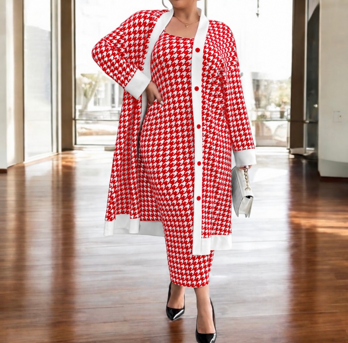 Classic Houndstooth Knit Cardigan & Dress Set - White/Red, 3X (US 18)