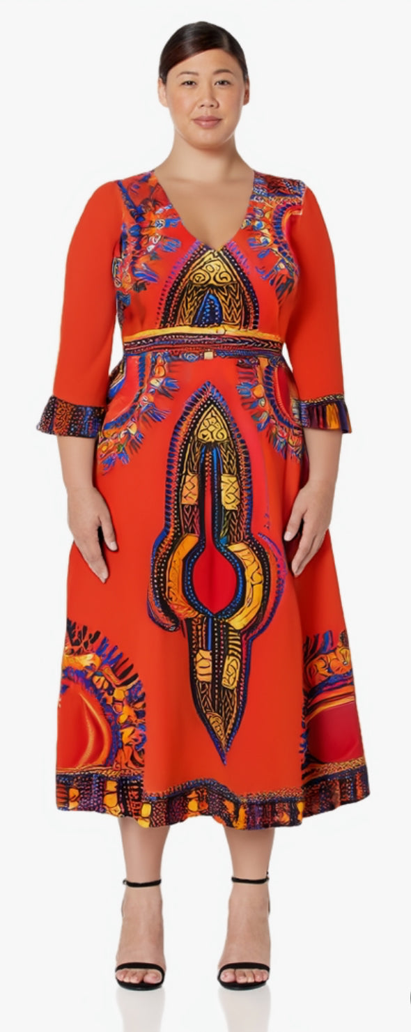Elegant African Print Maxi Dress – Sizes S to 3XL (Orange)