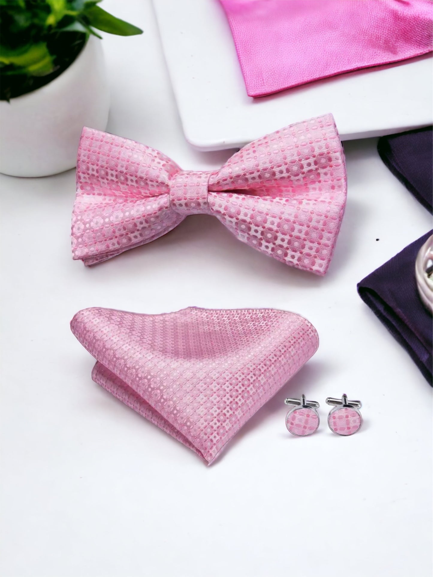 Men’s Silk Coordinated Black Bow Tie Set - Pink 0502