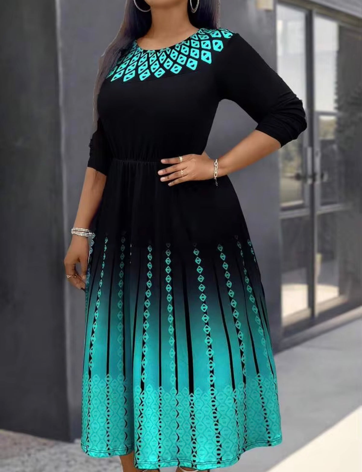 SHEIN Black & Teal Ombre Fit-and-Flare Midi Dress
