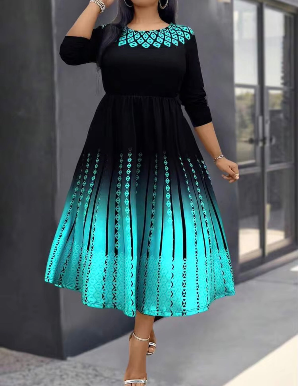 SHEIN Black & Teal Ombre Fit-and-Flare Midi Dress
