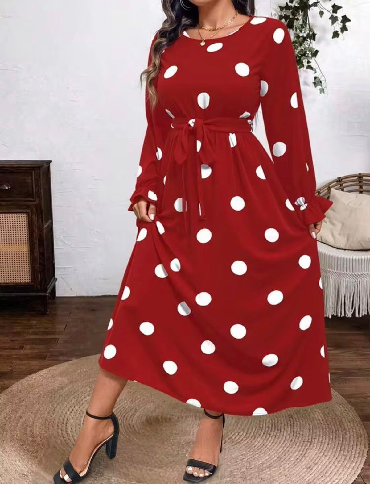 Polka Dot Tie-Waist Long Sleeve Maxi Dress - Red, Size 2X (US 16)