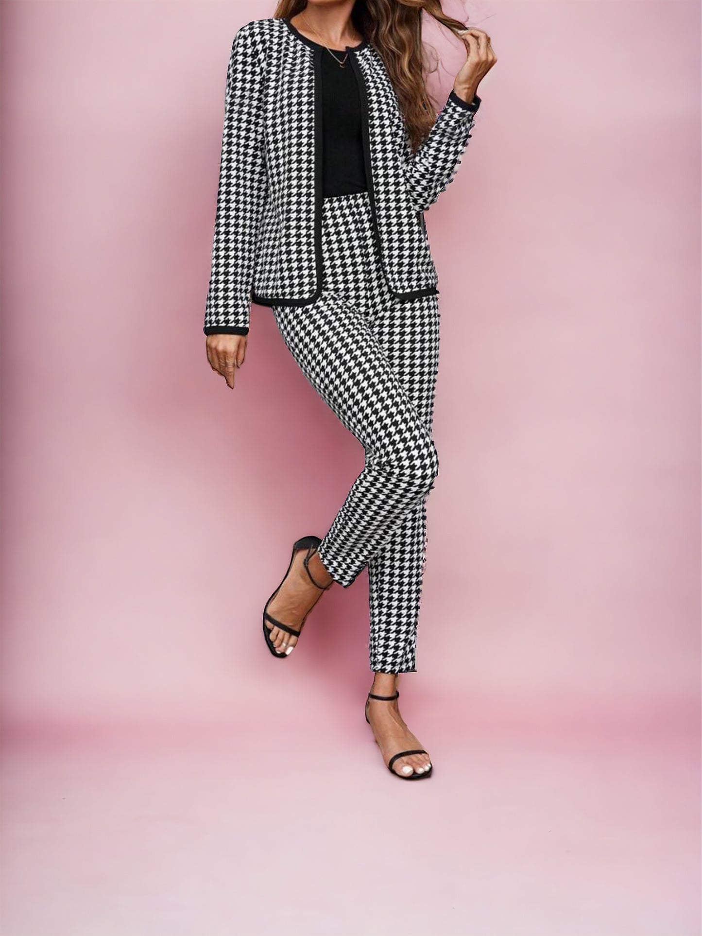 Houndstooth Print Two-Piece Set, Open Front Jacket & Pants (US Sizes 4 - 20)
